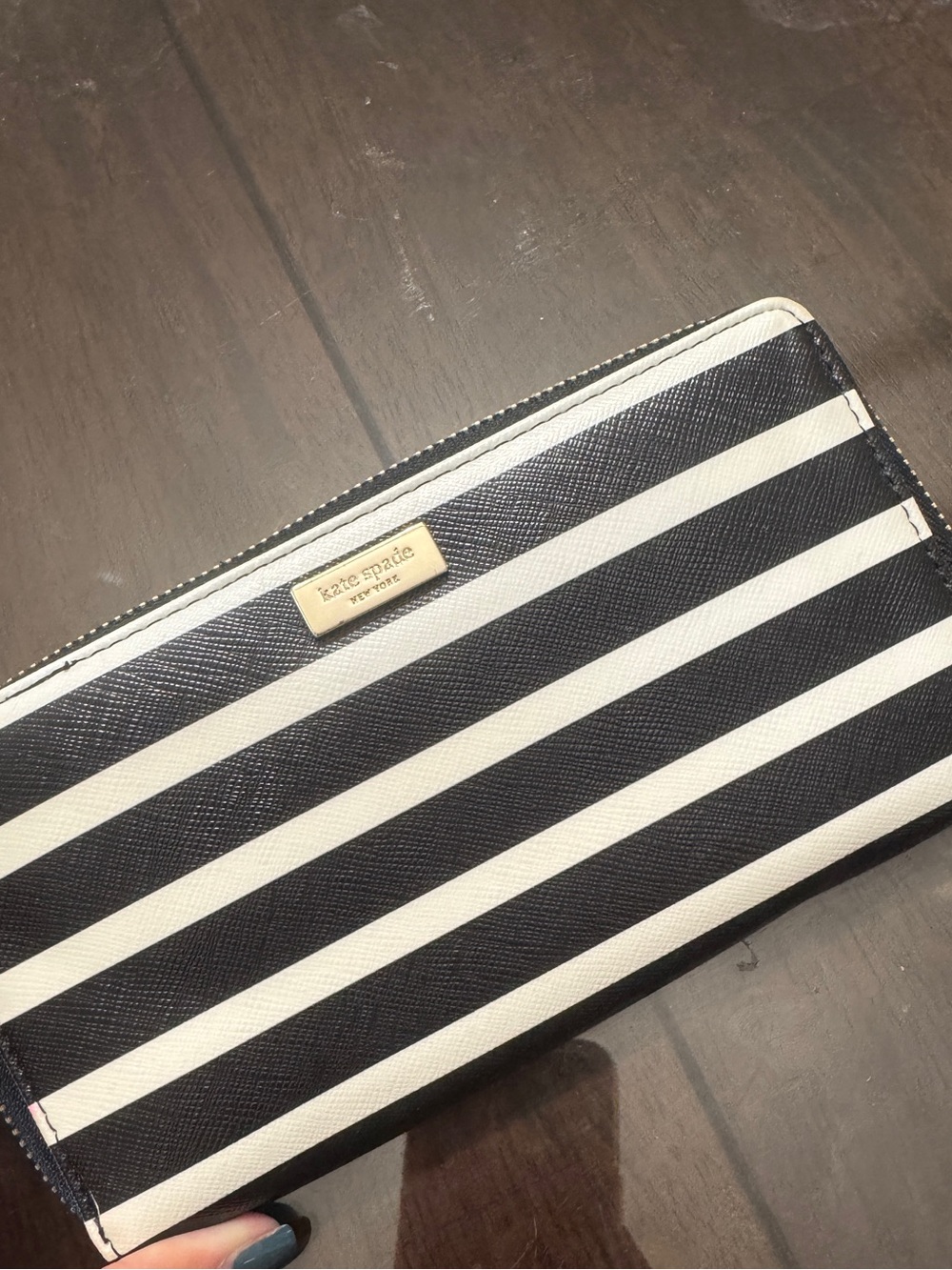kate spade Black and White Striped Continental Zip Wallet